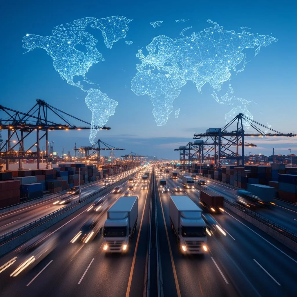 Global supply chain operations with cargo trucks, port cranes and digital network overlay