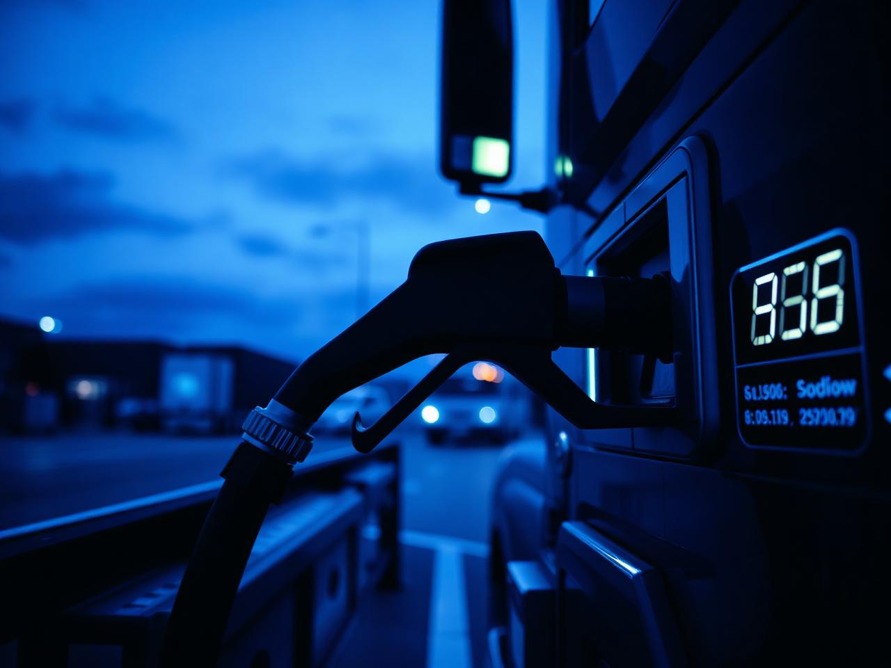 Fuel nozzle refueling a semi-truck at dusk with a glowing price display